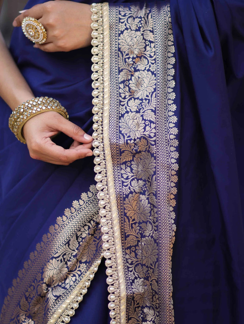 Vastra Veda Banarasi Semi-Silk Saree with Zari Border & Stitched Blouse