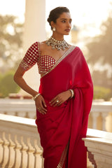 Red French Crepe Silk Mirror Luxe Saree with blouse