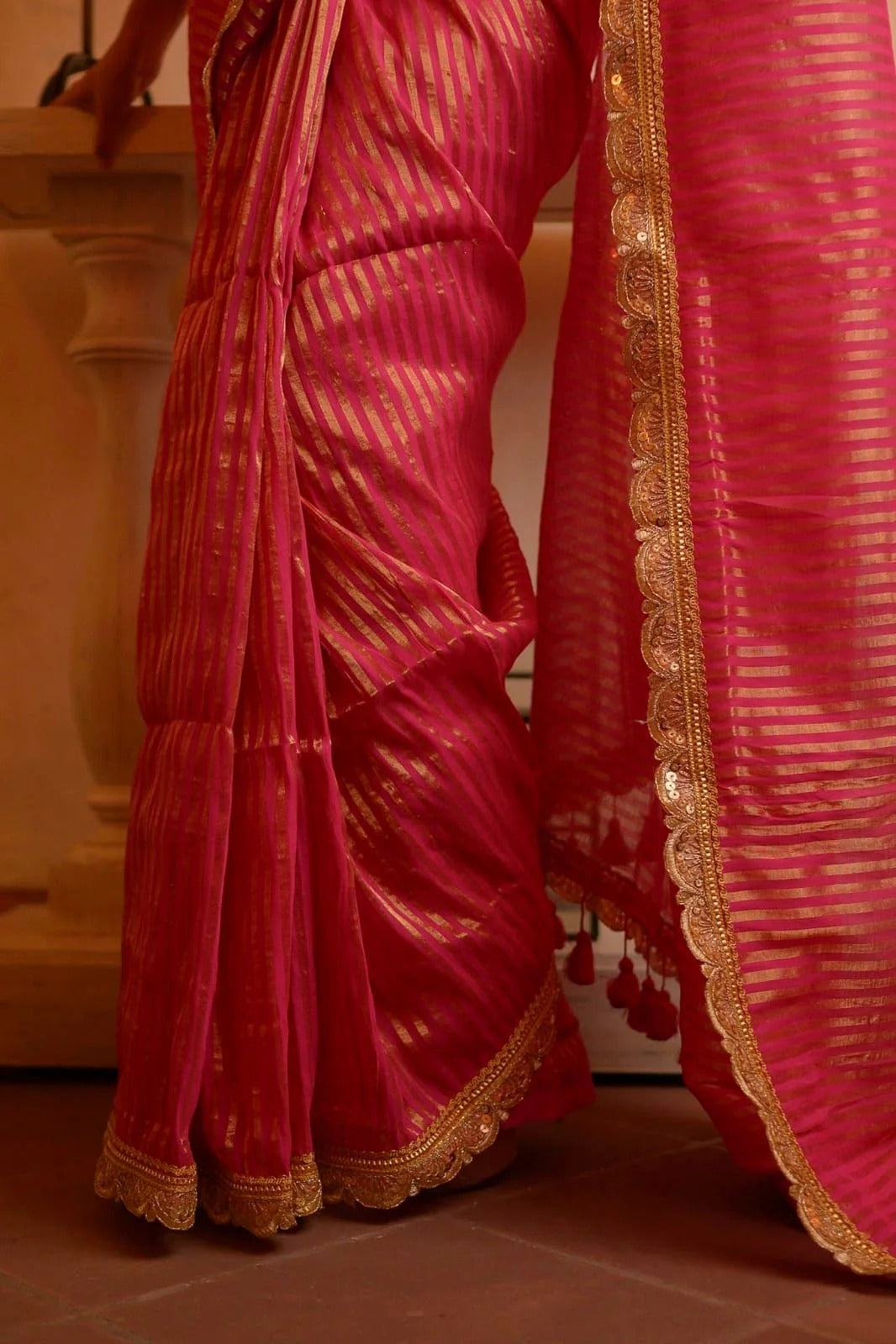 Pink Zari Tissue Party Saree