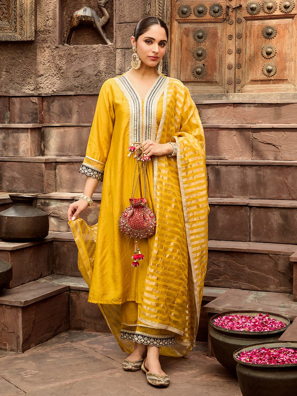 Orange Striped Organza Dupatta
