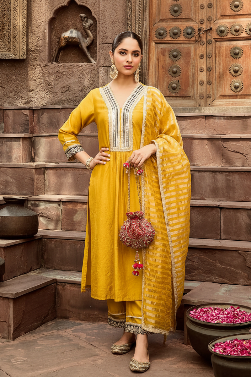 Orange Striped Organza Dupatta