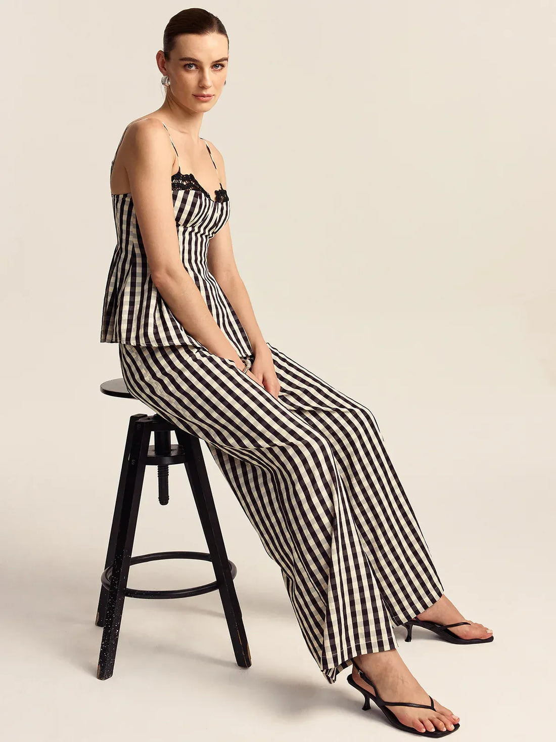 Gingham Linen Wide-Leg Peplum Co-Ord