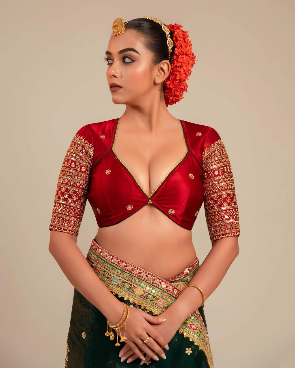 Deep Red saree with Blouse Gaji Silk Elbow Sleeve Saree With Blouse