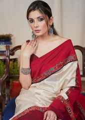 Beige Tussar Silk Saree with Maroon Ajrakh Border