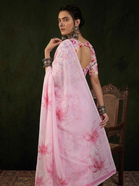 Pure Silk Georgette Floral Print Saree