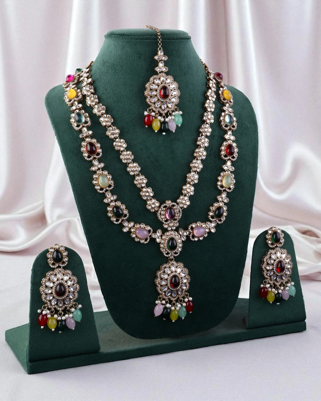 Rajsi Meenakari Long Heritage Necklace Set with Earrings & Maang Tikka