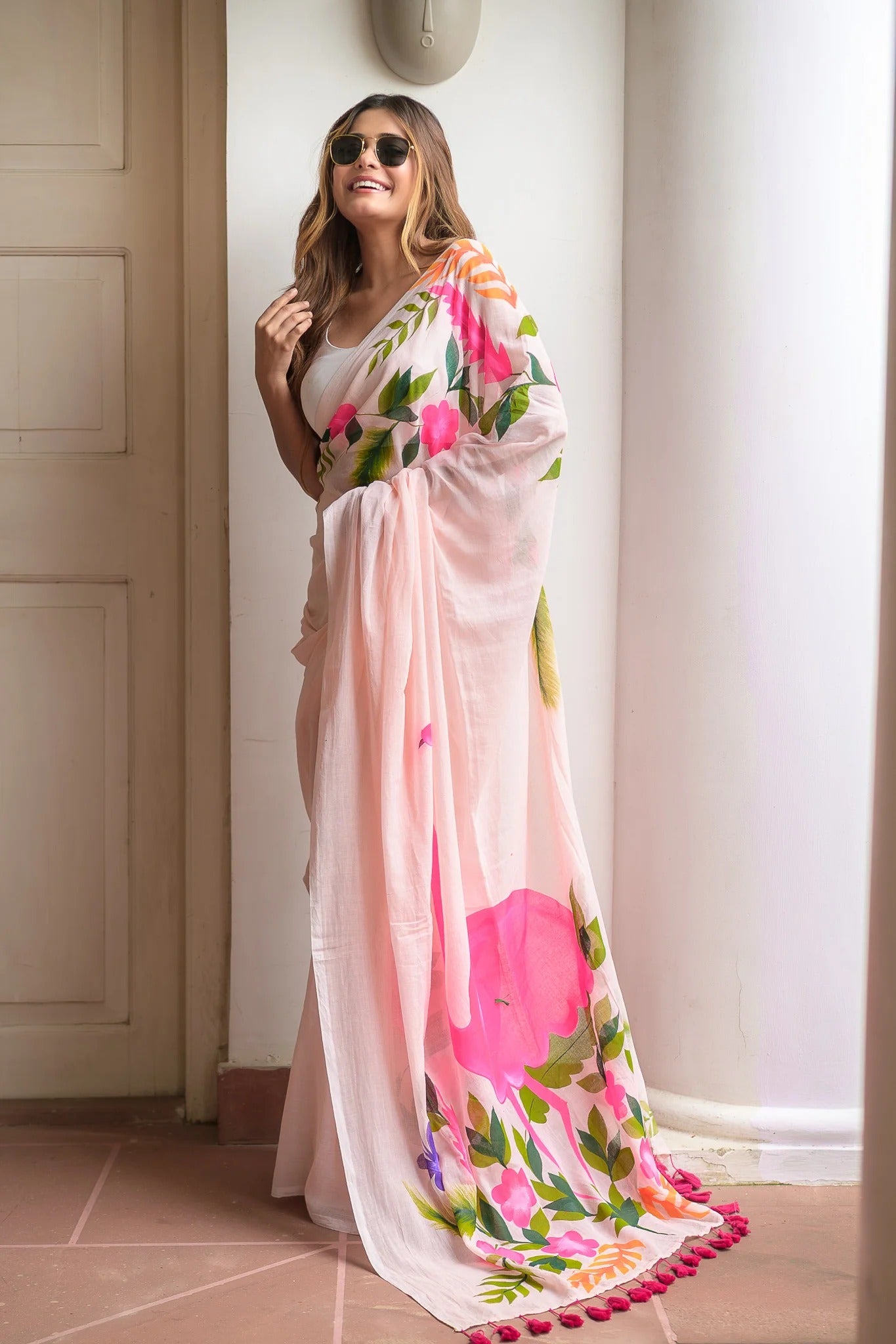 Pink Mulmul Cotton Hand-Painted Saree