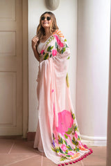 Pink Mulmul Cotton Hand-Painted Saree