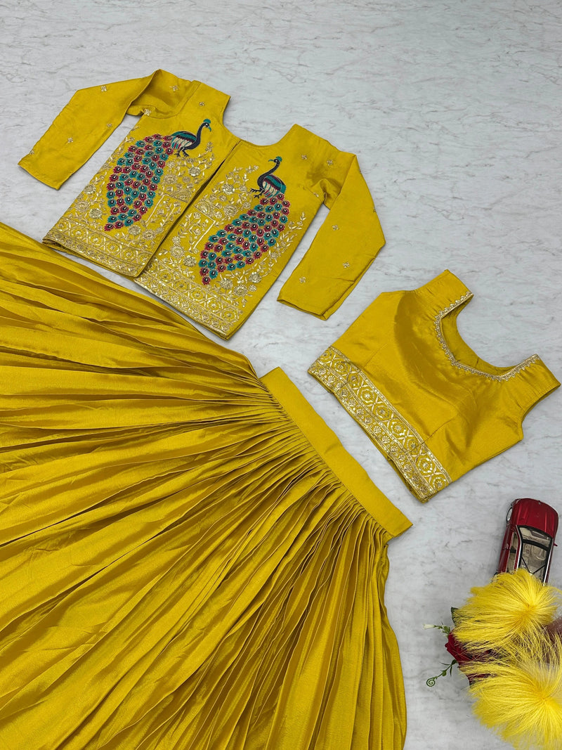 Yellow Chinon Sequins Work Lehenga Set