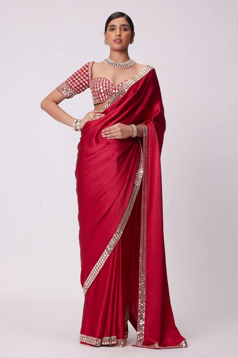 Red French Crepe Silk Mirror Luxe Saree with blouse