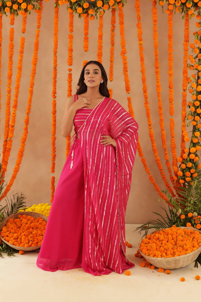 Pink Lurex Fusion Indo-Western with Designer Blouse