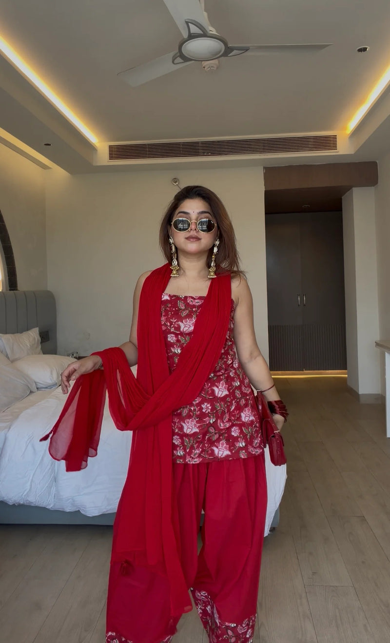 Crimson Bloom Farshi Set with Printed Dupatta