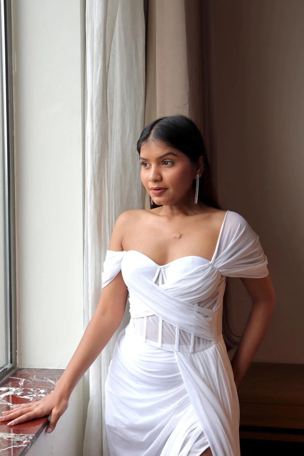 Stretch Mesh Corset Drape Dress