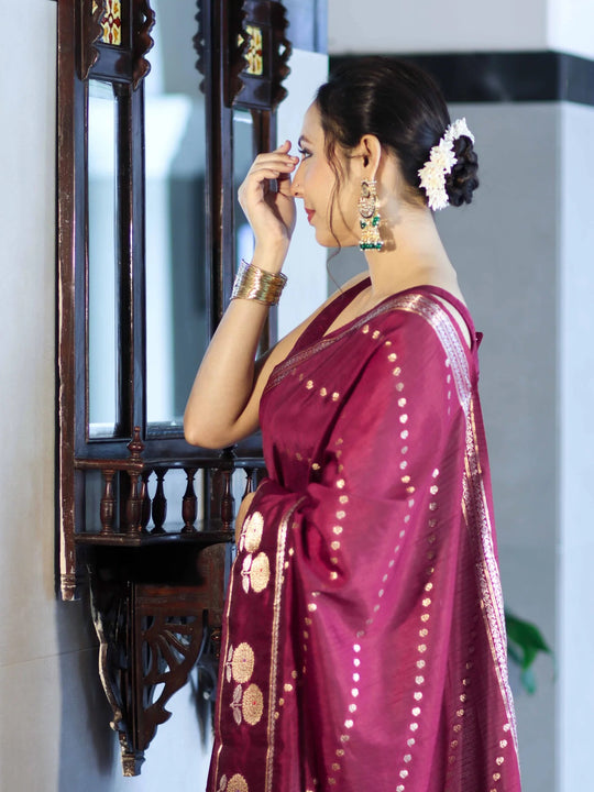 Mehrunisa Wine Banarasi Saree