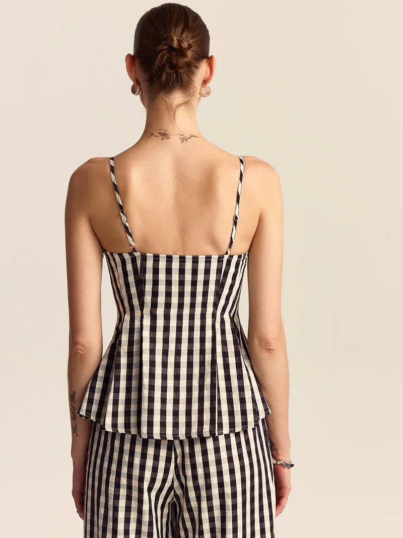 Gingham Linen Wide-Leg Peplum Co-Ord
