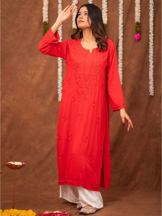 Red Floral Chikankari Straight Kurta