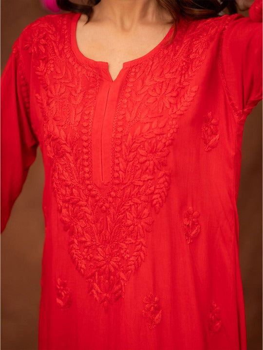 Red Floral Chikankari Straight Kurta