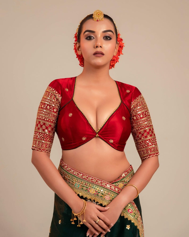 Deep Red saree with Blouse Gaji Silk Elbow Sleeve Saree With Blouse