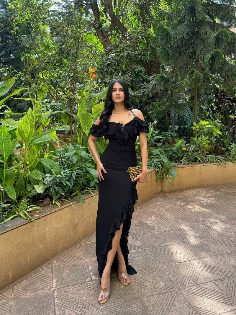 Black Lycra Ruffle Dress