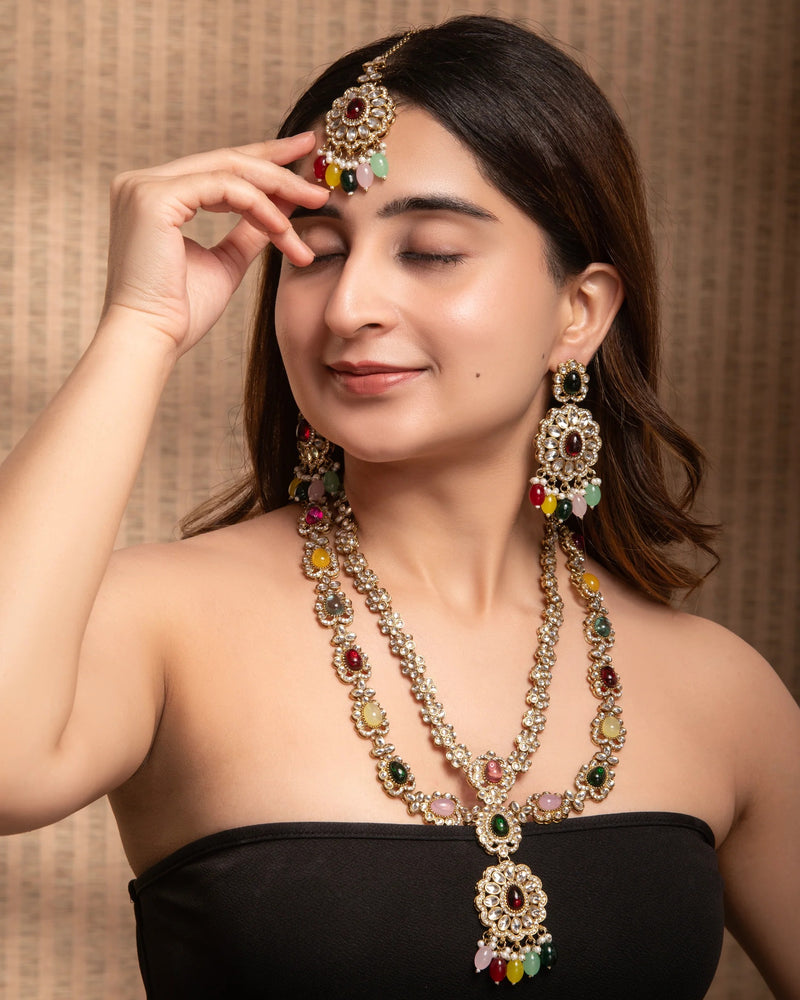 Rajsi Meenakari Long Heritage Necklace Set with Earrings & Maang Tikka
