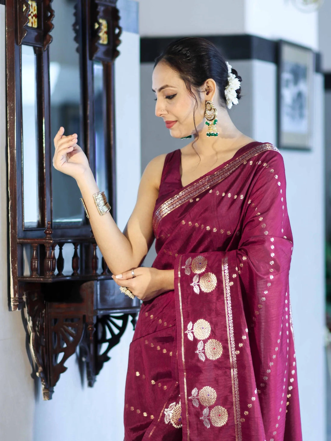 Mehrunisa Wine Banarasi Saree