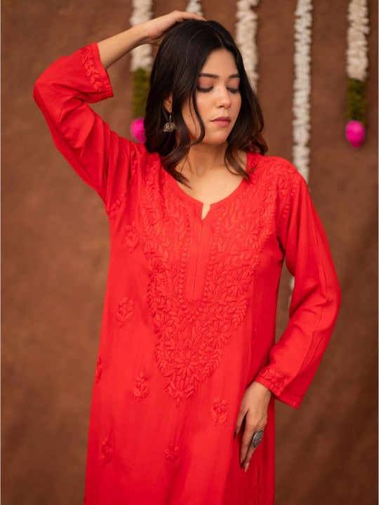 Red Floral Chikankari Straight Kurta