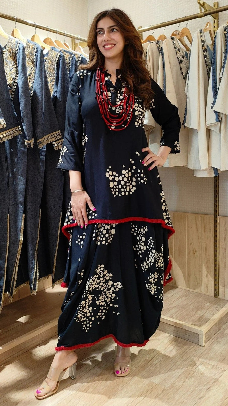 Black Rayon Dhoti Skirt Dress with Necklace