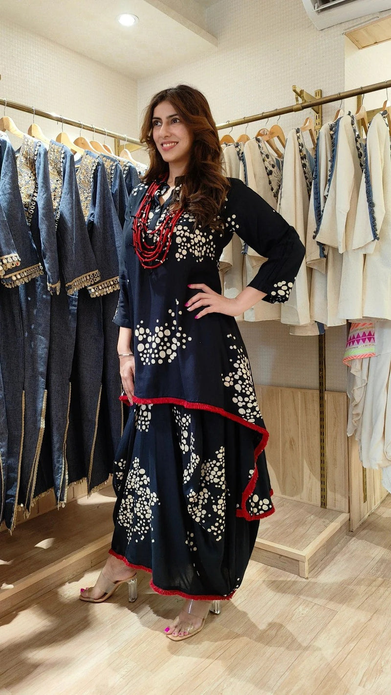 Black Rayon Dhoti Skirt Dress with Necklace