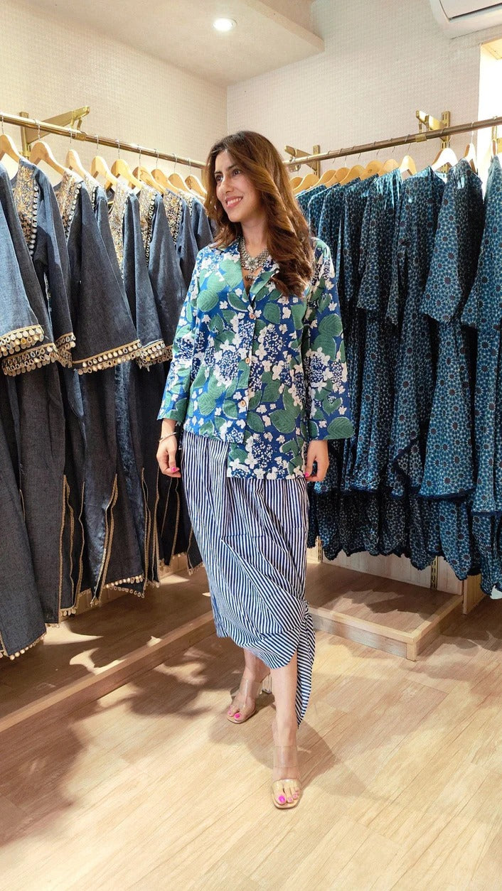 Floral Handblock Cotton Blazer Skirt Set