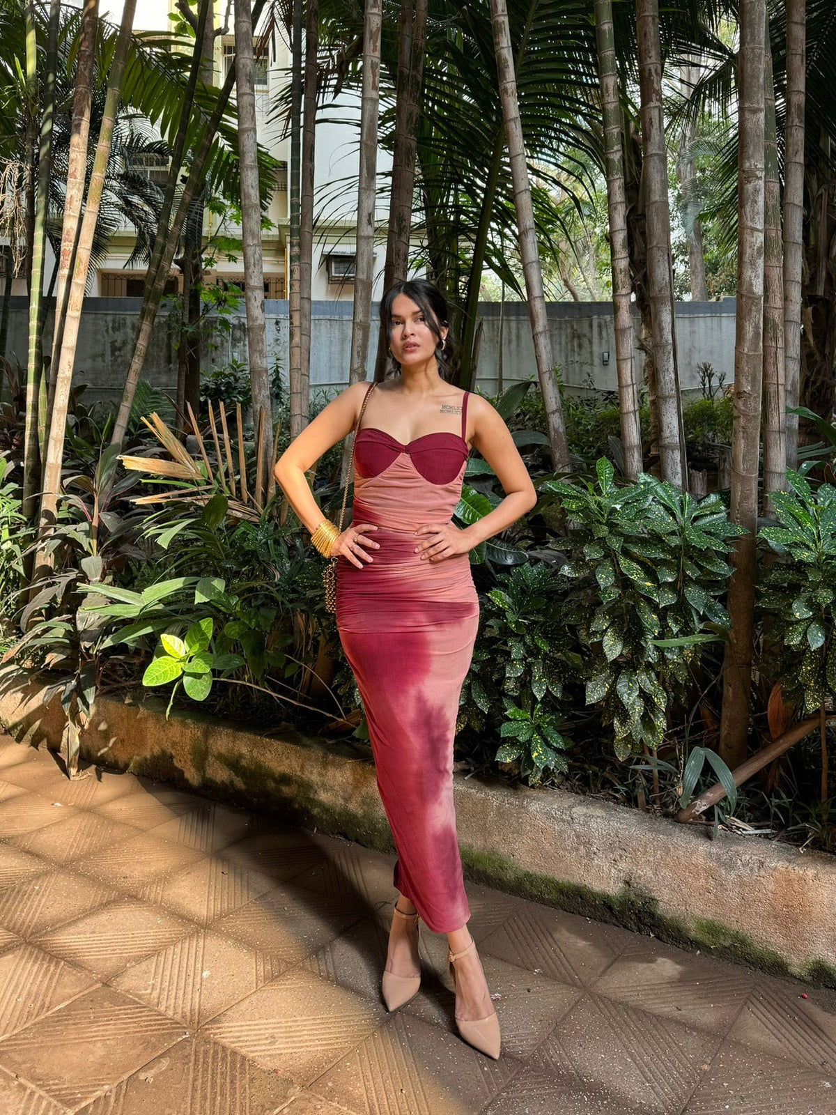 Coral Lycra Ruched Fusion Dress