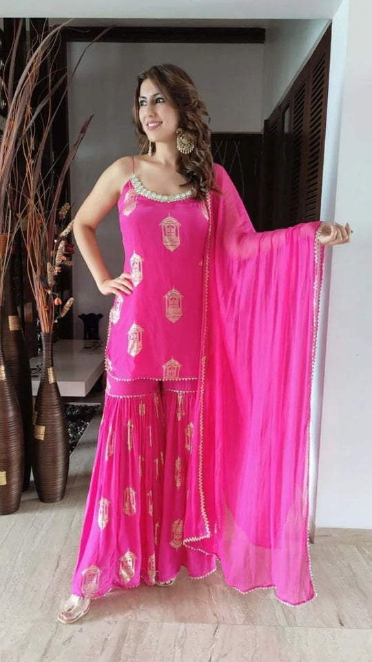 Hot Pink Gold Crepe Sharara Set