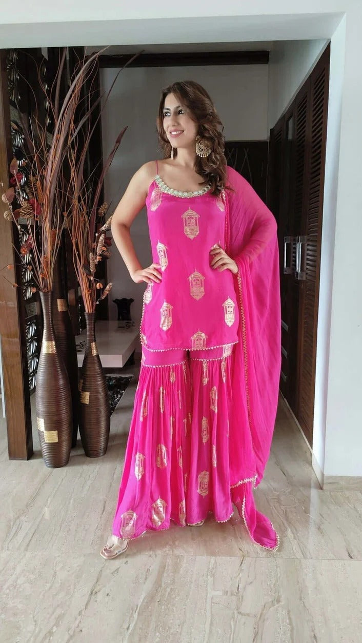 Hot Pink Gold Crepe Sharara Set