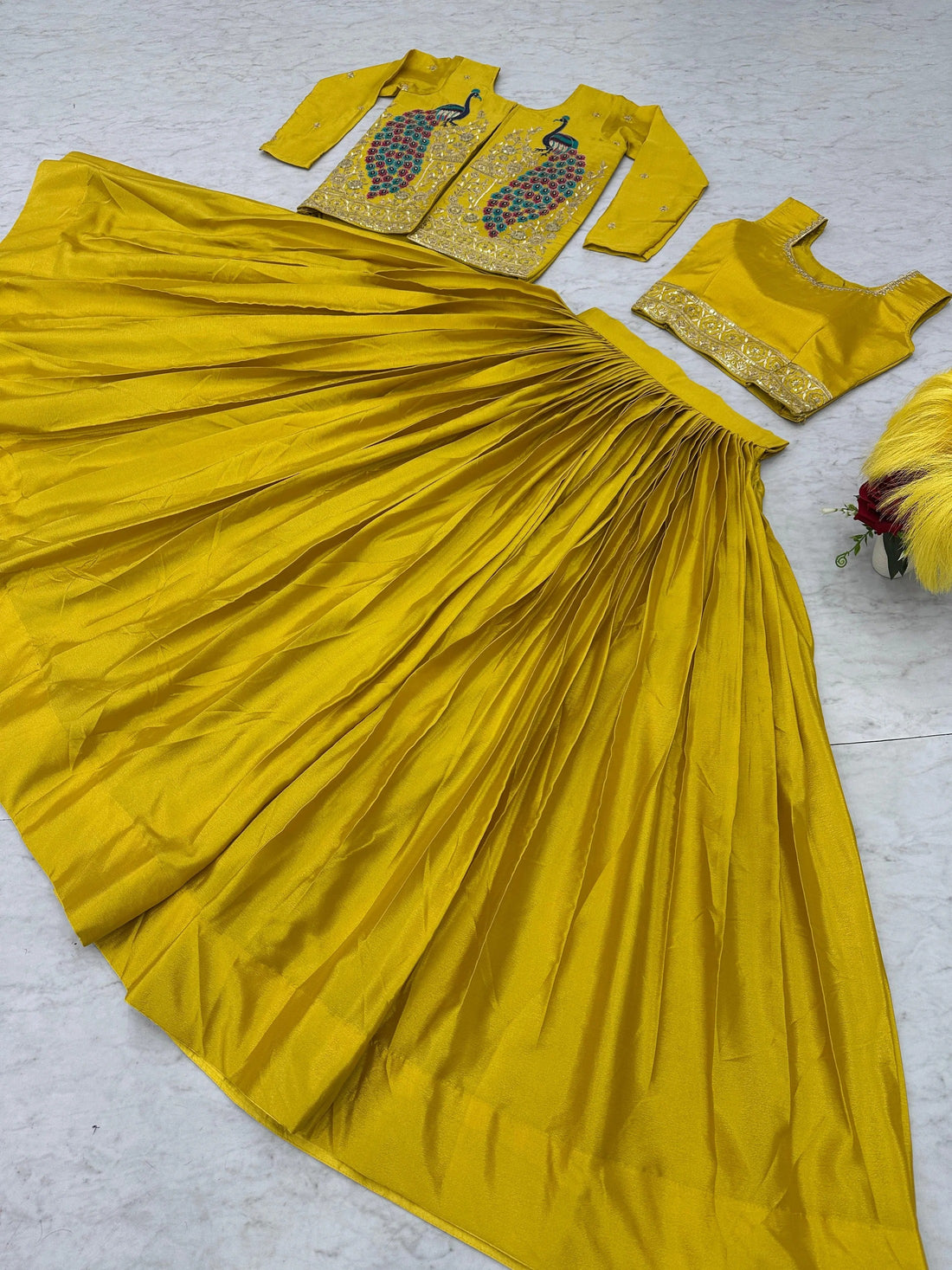 Yellow Chinon Sequins Work Lehenga Set