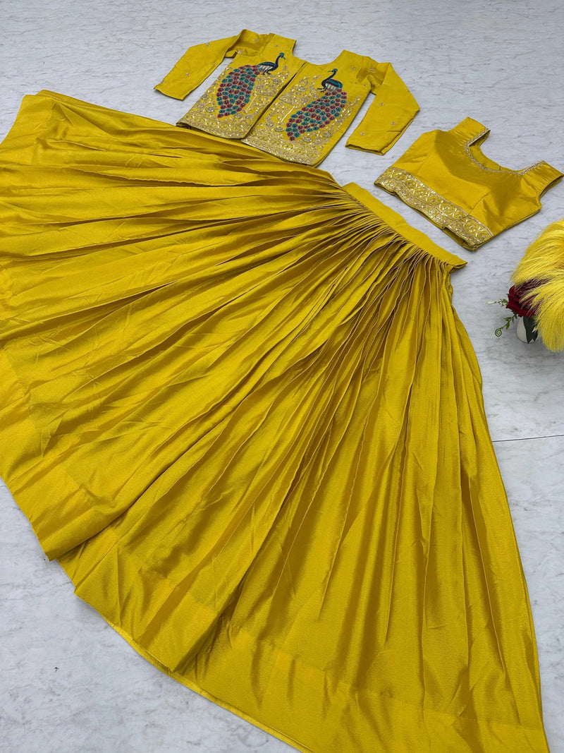 Yellow Chinon Sequins Work Lehenga Set