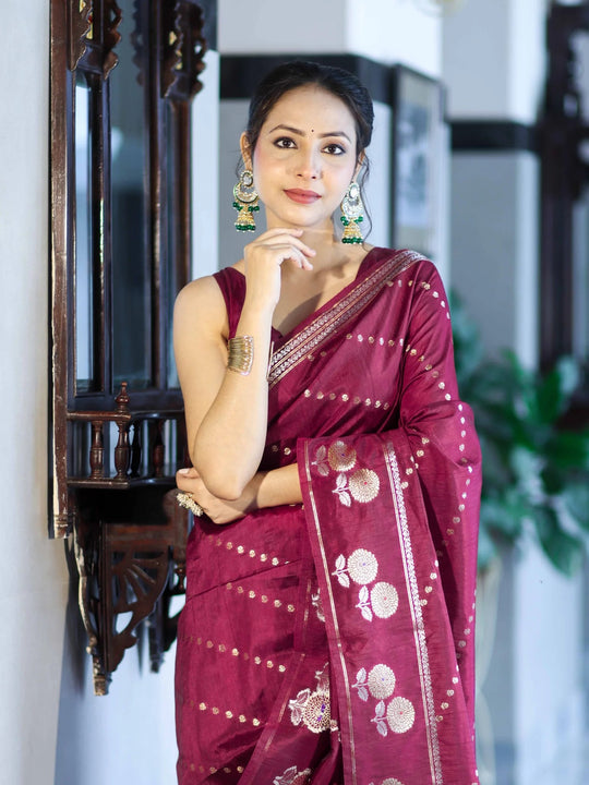 Mehrunisa Wine Banarasi Saree