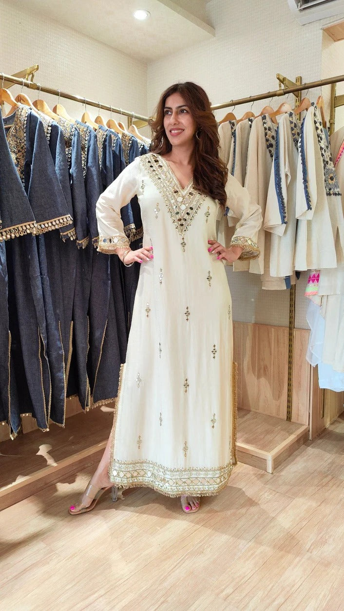 Ivory White Embroidered Viscose Kaftan