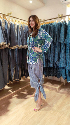 Floral Handblock Cotton Blazer Skirt Set