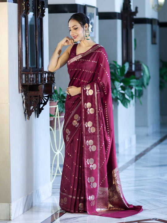 Mehrunisa Wine Banarasi Saree