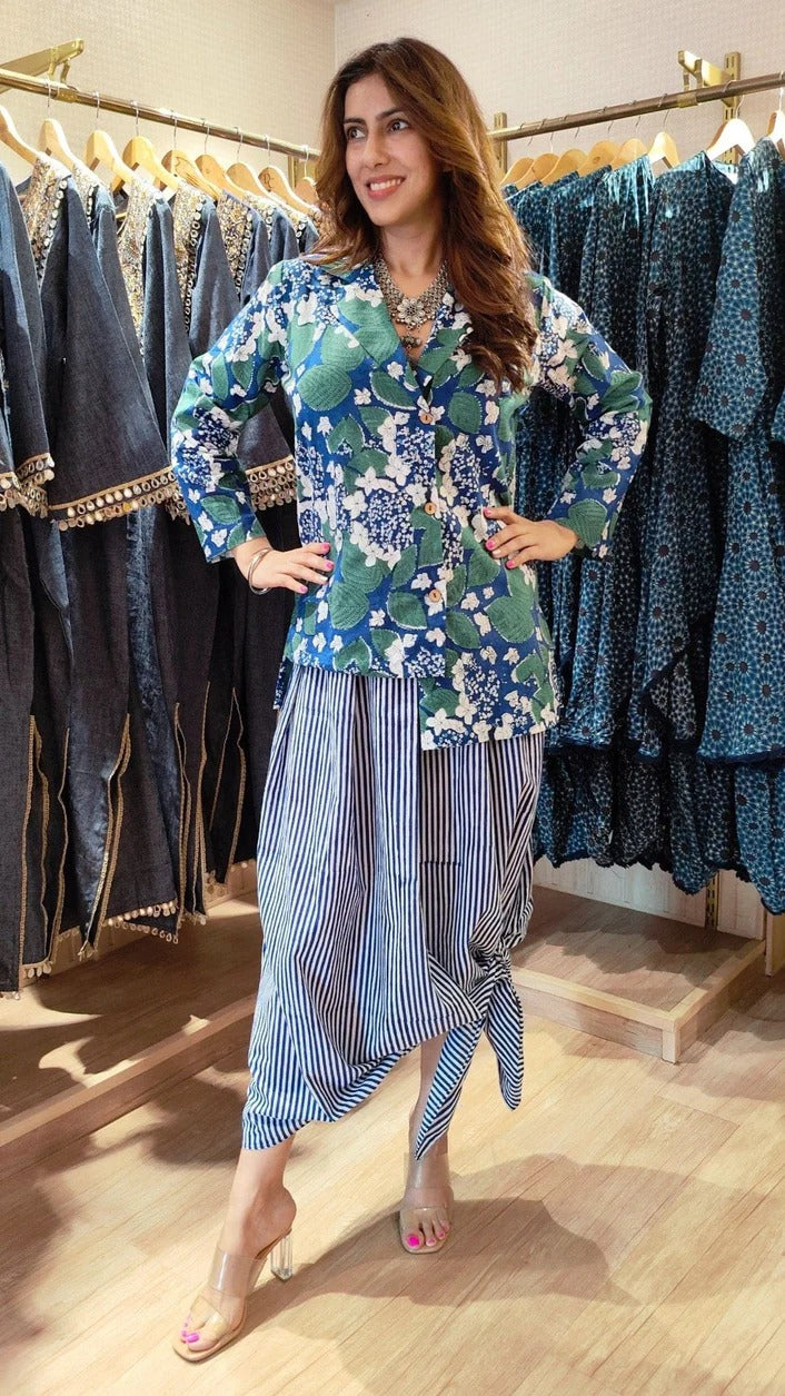Floral Handblock Cotton Blazer Skirt Set