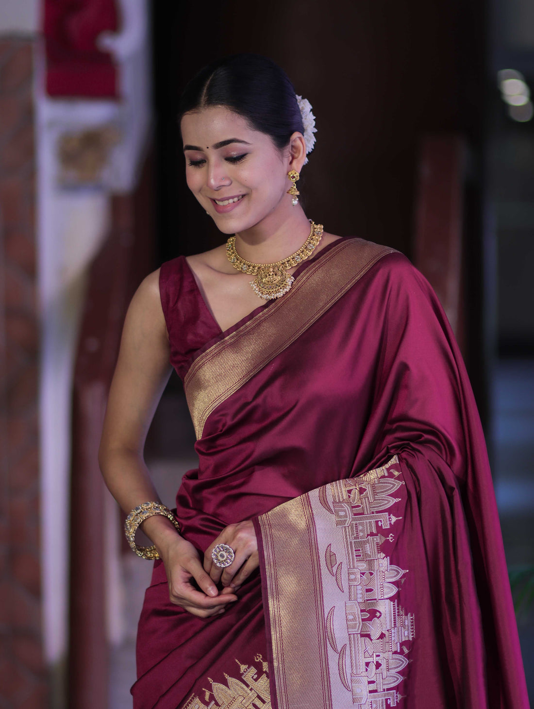 Handloom Semi Kathan Silk Saree with Ganga Ghat Border