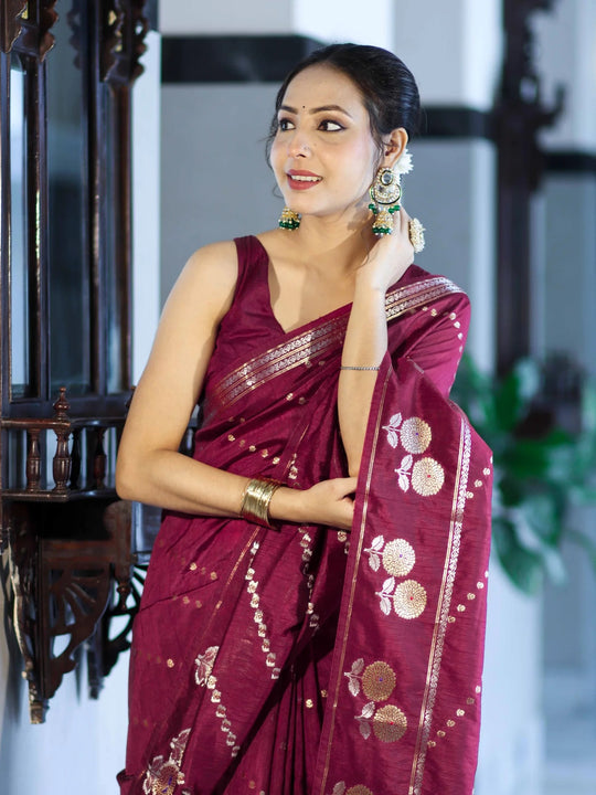 Mehrunisa Wine Banarasi Saree
