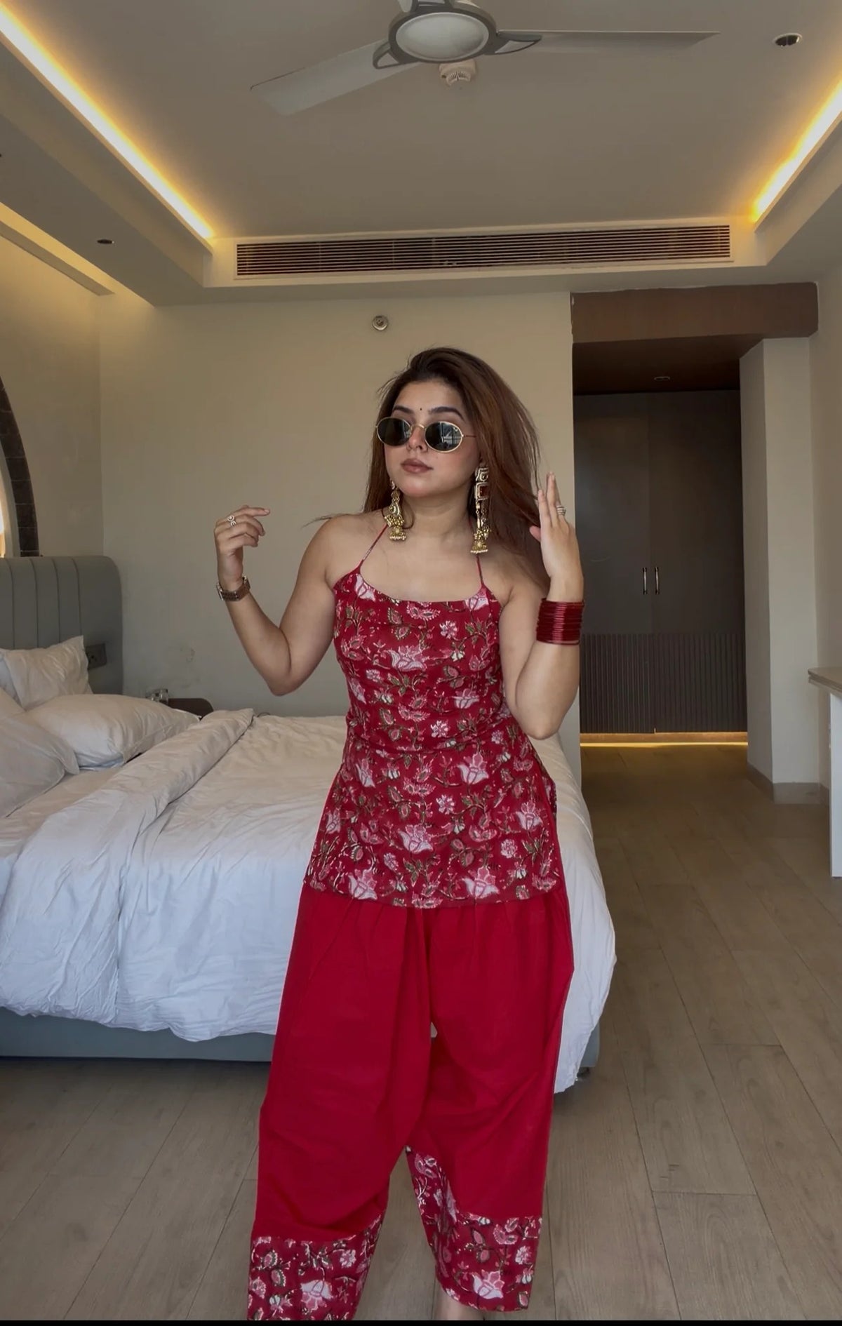 Crimson Bloom Farshi Set with Printed Dupatta