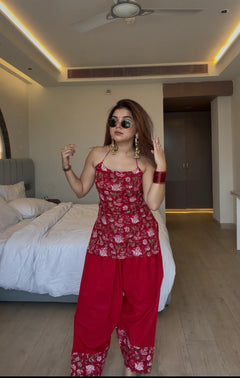 Crimson Bloom Farshi Set with Printed Dupatta