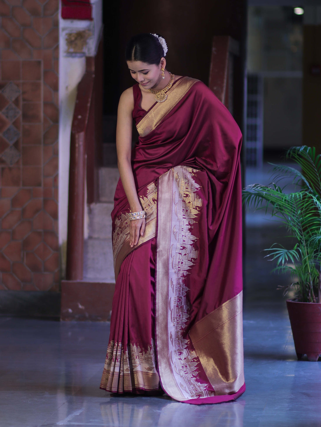 Handloom Semi Kathan Silk Saree with Ganga Ghat Border