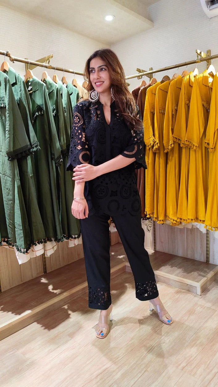 Black Cutwork Crepe Kurta Set