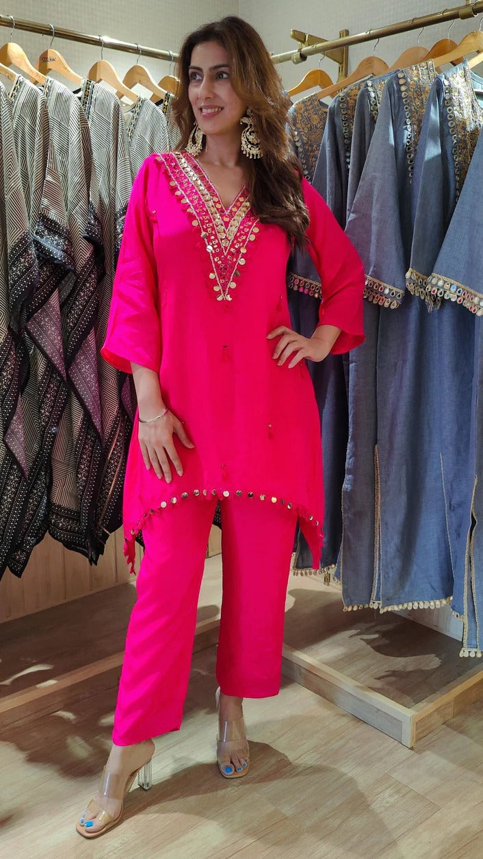 Pink Crepe Mirror C-Cut Kurta Set