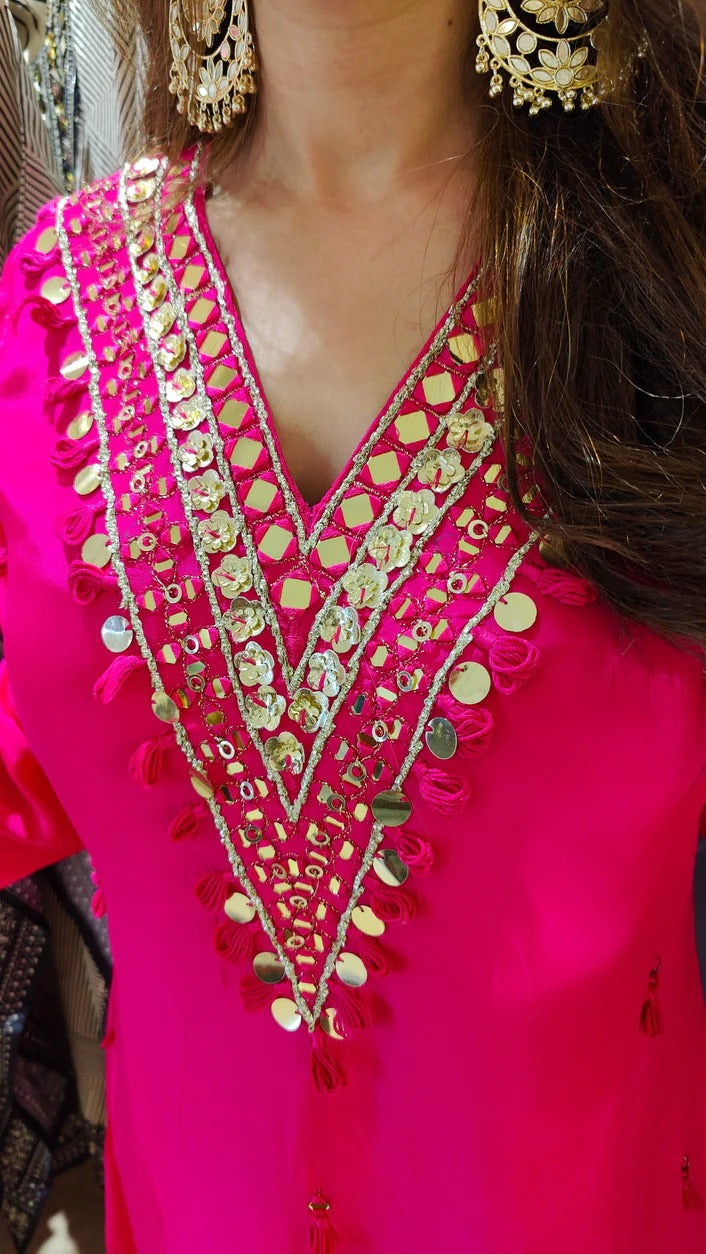 Pink Crepe Mirror C-Cut Kurta Set