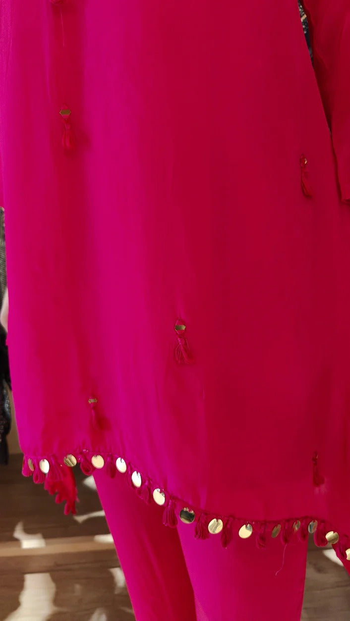 Pink Crepe Mirror C-Cut Kurta Set