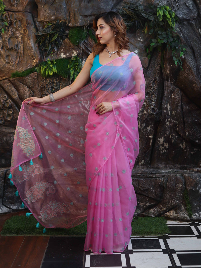Vastra Veda Ivory Organza Banarasi Butti Saree with Red Embroidery with a Stitched Blouse