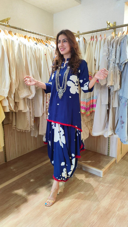 Royal Blue Draped Dhoti Skirt Dress